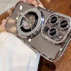 CLEAR SILVER RHINESTONE BLING IPHONE 15PRO PHONECASE WITH KICKSTAND